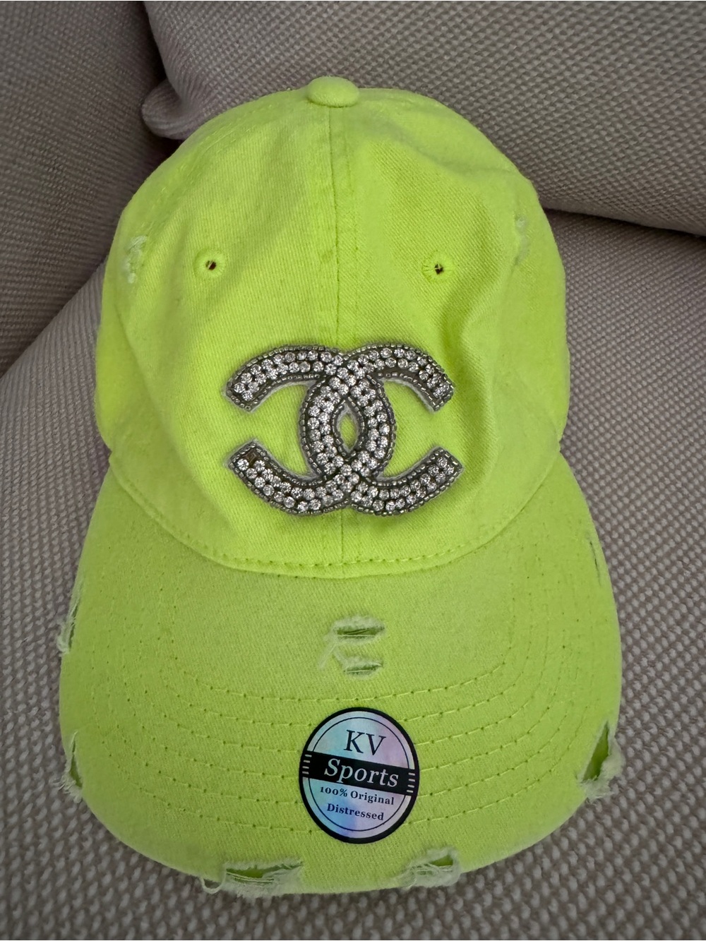 CHANEL Neon Yellow Rhinestone CC Logo Baseball Cap